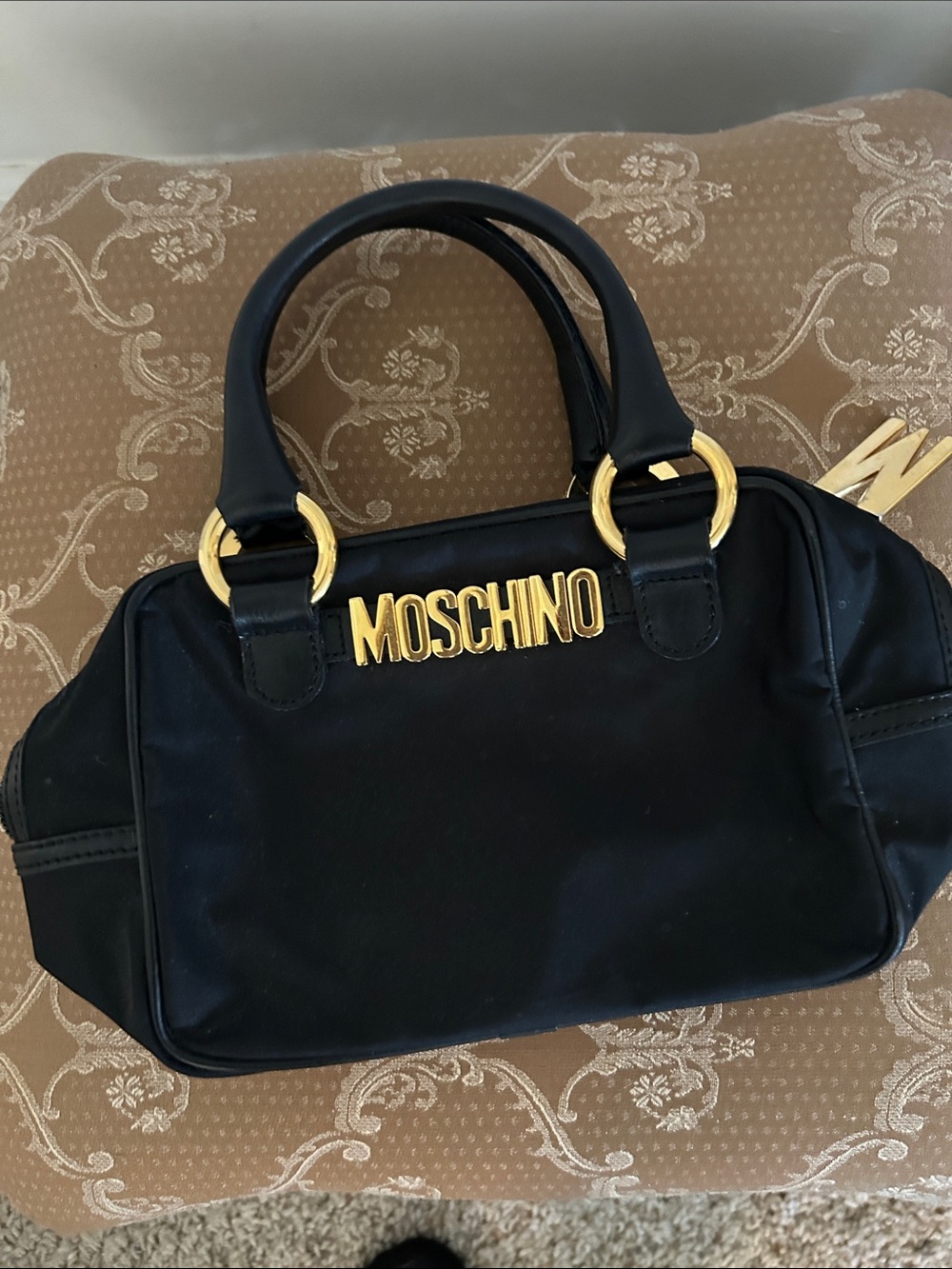 Moschino Black Satchel with Gold MOSCHINO Logo and Ring Hardware